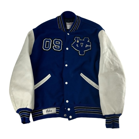 Vintage Delong Varsity Jacket Men’s XL Blue‎ Wool Hall Leather Letterman Bomber - Picture 1 of 8